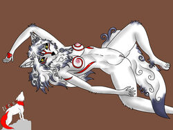 amaterasu anthro anthrofied armpits black_eyes breasts canine deity female fur furry mammal neckroo nipples nude okami red_marks simple_background white_fur