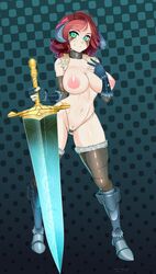 2d aqua_eyes armor ass_visible_through_thighs boots breasts brown_legwear curvy dark_souls facial_mark female fromsoftware full-length_portrait full_length fur_trim gloves highleg highleg_panties horns huge_weapon inverted_nipples large_breasts leather light-skinned_female light_skin looking_at_viewer moonlight_greatsword navel nipples nisetanaqa nsfw original pale-skinned_female pale_skin panties pink_nipples portrait red_hair short_hair smile solo standing sword thighhighs topless topless_female underwear vambraces weapon wide_hips