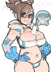 :q adapted_costume between_breasts bikini black-framed_glasses breasts brown_eyes brown_hair cleavage detached_sleeves female female_only food_between_breasts glasses gloves hair_bun hair_ornament hair_stick hands_on_hips highres large_breasts looking_at_viewer maniacpaint mei_(overwatch) navel_piercing overwatch panties phallic_symbol piercing plump popsicle popsicle_between_breasts robot rough_sketch sexually_suggestive short_hair simple_background sketch smile snowball_(overwatch) solo strapless swimsuit thick_thighs thighs tongue tongue_out tubetop underwear white_background white_panties