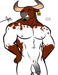 1boy 2015 abs anthro balls bgn bovine cattle facial_hair flaccid foreskin hands_on_hips horn male male_only mammal muscular nude penis pose simple_background smile solo uncircumcised uncut white_background