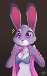 bra clothing disney female furry judy_hopps krayboost large_breasts open_clothes open_shirt shirt solo zootopia