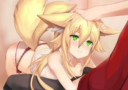 animal_ears blonde_hair female fox_ears fox_girl fox_tail green_eyes haik half-closed_eyes highres kokonoe_tsubaki long_hair original petting shirt sleeveless sleeveless_shirt tail underwear