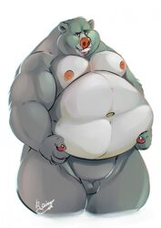 1boy 2016 anthro balls baloo bear belly big_belly brown_nipples brown_nose disney eyebrows front_view fur grey_balls grey_fur hand_on_stomach hi_res looking_at_viewer male male_only mammal moobs navel nipples nude obese overweight overweight_male portrait raivenderouthelion_(artist) signature simple_background smile smirk solo teeth the_jungle_book three-quarter_portrait white_background