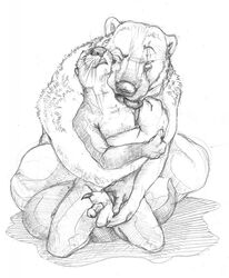 anthro bear cuddling duo furry gay handjob hug interspecies licking male mammal mustelid otter reach_around size_difference skrawl tongue tongue_out yaoi