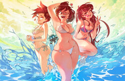 3girls ;d ahoge arm_behind_back arm_behind_head arm_up armpit armpits arms ass bangs bare_arms bare_legs bare_midriff bare_shoulders beach bikini blizzard_entertainment breasts brown_eyes brown_hair cleavage closed_eyes cloud cloudy_sky collarbone cowboy_shot curvy cute d.va drone facepaint facial_mark female female_only fingernails floating freckles glasses hair_bun hair_ornament hair_stick hand_up happy harness highres hips large_breasts leg_up legs lips long_fingernails long_hair looking_at_viewer machinery medium_breasts mei_(overwatch) midriff multiple_girls nail_polish narrow_shoulders navel ocean one_eye_closed open_mouth overwatch partially_submerged pink_lips pink_nails plump polka_dot polka_dot_bikini robot rtil short_hair side-tie_bikini skindentation sky small_breasts smile snowball_(overwatch) splashing standing standing_on_one_leg stomach strap_gap string_bikini striped striped_bikini swept_bangs swimsuit teeth thick thick_legs thick_thighs thin_arms thin_waist tongue tracer v very_long_hair water whisker_markings wide_hips wink