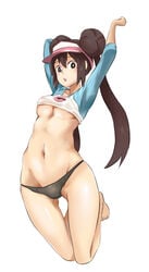 1girls arms_up black_panties bow_panties breasts brown_eyes brown_hair feet female human long_hair looking_at_viewer navel open_mouth panties pokemon pokemon_bw2 reversein rosa_(pokemon) shirt solo tied_hair toes twintails underboob white_background