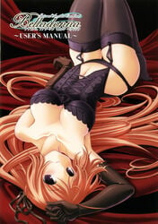 1girls bed belladonna black_gloves black_legwear black_lingerie black_panties black_stockings breasts bustier cleavage elbow_gloves female garter_straps lingerie on_bed panties red_hair redhead ribbon stockings very_long_hair