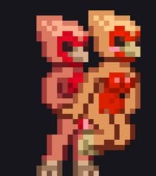 1boy 1girls ambiguous_penetration anthro areolae avian beak black_sclera blush breasts brown_eyes female male nipples nude penetration penis pixel_art pussy sex standing starbound straight travelling_merchant video_games