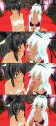 1boy 2girls 3d bra breasts collaborative_fellatio comic cum custom_maid_3d_2 dark_skin faceless_male fellatio handjob homura_(senran_kagura) indoors large_breasts multiple_girls oral panties penis pov senran_kagura senran_kagura_new_wave tanned teamwork underwear yuyaki_(senran_kagura)