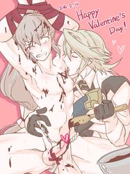 2016 armor armpit_licking arms_up blush body_chocolate bound bound_arms censored chocolate chocolate_on_face closed_eyes corrin_(fire_emblem) corrin_(fire_emblem)_(male) dated fire_emblem fire_emblem_fates food food_on_face fundoshi heart heart_censor hug hypertrampo japanese_clothes licking long_hair looking_down navel nintendo nipples one_eye_closed penis pink_background rokushaku_fundoshi simple_background spread_legs takumi_(fire_emblem) valentine waist_hug wooden_spoon yaoi