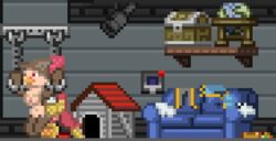 1boy 1girls 2016 animated areolae avian avian_(starbound) beak bondage bound clothing cuffs female heart interspecies loop mala-licious maladash male nude penetration pixel_art ruby_rustfeather sex sofa starbound straight text vaginal_penetration video_games