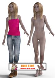 1girls 3d bare_arms bare_shoulders blonde_hair blue_eyes breasts_apart completely_nude_female copyright_name female flat_chested full_body jeans lena_(twin_star) long_hair male nipples nude pandapenguin penis petite petite_body petite_female pussy simple_background skinny_female small_areolae small_breasts small_nipples standing tank_top twin_star_(pandapenguin) uncensored white_background