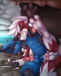 2boys anal ass blue_fur canine canine_penis cave claws clenched_teeth closed_eyes cum cum_in_ass cum_inside cum_while_penetrated cumshot drooling ejaculation fangs feet fluffy furry gay interspecies knot knotting leg_grab leg_up licking lucario lukurio lycanroc male male_only mammal midnight_lycanroc moan nintendo open_mouth orgasm paws penis pokemon pokemon_(species) pokemon_sm pounding red_eyes red_fur saliva sex sloppy_seconds soles spread_legs tail teeth testicles text tongue tongue_out video_games were werewolf