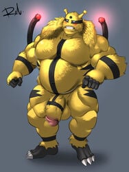 1boy anthro balls biceps big_biceps big_muscles big_penis blush claws clenched_teeth closed_eyes electivire flaccid front_view half-erect huge_cock humanoid_penis male male_only manly mature_male muscular muscular_male nintendo nude pecs penis pokemon pose reclamon relaxing simple_background solo standing teeth thick_penis vein veiny_penis video_games