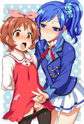 2girls blue_eyes blue_hair blush brown_eyes brown_hair clothed denkishowgun dickgirl dress erection female flat_chest foreskin futanari handjob intersex long_hair open_mouth pantyhose penis penis_out ponytail precum ribbon saliva short_hair size_difference skirt small_breasts small_penis smile standing sweat testicles tied_hair tongue uncensored