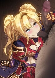 ball_sucking blonde_hair blue_eyes fellatio female fugakuhyakkei granblue_fantasy kneeling long_hair oral penis sucking_testicles tied_hair twintails zeta_(granblue_fantasy)