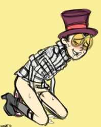 1boy 2016 anal black_hair bondage boots drool glasses grin kneeling male male_only penis sex_toy simple_background sketch solo straitjacket superjail sweat the_warden top_hat