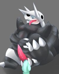 1boy 2016 aggron anal_fingering anal_insertion artist black_body blue_eyes claws dildo erection feet fingering grey_background horn horns knot male male_only masturbation nekozuki nintendo no_nipples open_mouth penis pokemon pokemon_(species) precum sex_toy slightly_chubby smile solo tongue tongue_out video_games wet