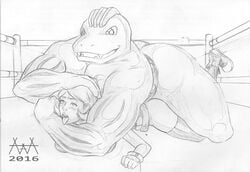 aaaninja ahe_gao female headlock human interspecies machoke male monochrome nintendo pokemon pokemon_(species) pokephilia rape serena_(pokemon) sex sketch straight traditional traditional_art