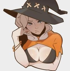 1girls 2016 alternate_costume arm_under_breasts big_breasts blonde_hair bracelet breasts cleavage eyebrows female female_only halloween human human_only humanoid large_breasts mercy october overwatch overwatch_2 simple_background solo solo_female splashbrush voluptuous white_background witch witch_hat witch_mercy