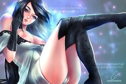 agnes_oblige areolae artist_name bare_shoulders black_hair boots bravely_default:_flying_fairy breasts customwaifus female gloves gradient_background gray_eyes long_hair looking_at_viewer nipples parted_lips shirt_down sitting solo web_address