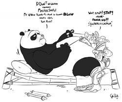 2015 anal anthro bear bed belly black_and_white bound cum cum_in_ass cum_in_mouth cum_inside cum_through dreamworks forced inflation ink kung_fu_panda larger_male male_only mammal master_shifu monochrome orgasm overweight panda paws penis po red_panda robe sex size_difference smaller_male starfig