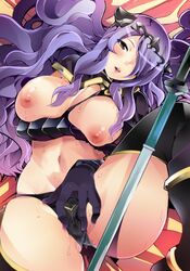 areolae blush breasts breasts_out brown_eyes cameltoe camilla_(fire_emblem) female fire_emblem fire_emblem_fates keyaki0202 large_breasts long_hair looking_at_viewer lying navel nipples on_back open_mouth purple_hair smile solo spread_legs spread_pussy spread_pussy_under_clothes sword weapon