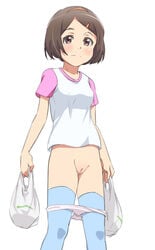 brown_eyes brown_hair female hayyan innie_pussy no_pants original panties panty_pull pussy short_hair simple_background solo thighhighs uncensored underwear