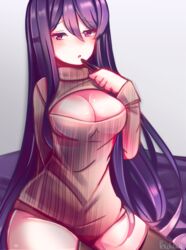 1girls blush blushing boob_window bottomless bottomless_female doki_doki_literature_club keyhole_sweater long_hair looking_at_viewer peachcak3 pen purple_eyes purple_hair skimpy_clothes sweater thigh_highs thighhighs yuri_(doki_doki_literature_club)