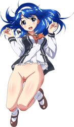 blue_eyes blue_hair bottomless brown_shoes dress female full_body futaba_aoi_(vividred_operation) hairband hands_up jumping long_hair looking_at_viewer no_panties open_mouth pussy shoes simple_background socks solo thigh_gap transparent_background uncensored vividred_operation white_legwear