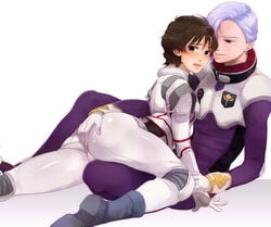 angelo_sauper ass banagher_links brown_hair curly_hair genderswap gundam gundam_unicorn hair lilac long_hair rule_63 space_suit uniform