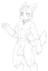 1boy abs anthro anthrofied athletic balls black_and_white canine collar digitigrade flaccid front_view humanoid_penis line_art looking_at_viewer male male_only mammal mightyena monochrome nintendo nude partially_retracted_foreskin pecs penis pokemon pvt._keron solo uncut video_games