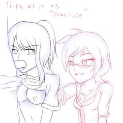 1boy 2girls artist_request ayano_aishi blowjob breasts drawn fellatio glasses info-chan looking_at_another looking_back medium_hair nipples short_hair sketch tagme yandere-chan yandere_chan yandere_simulator