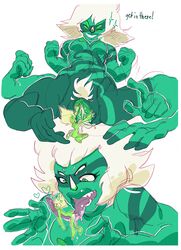 barefoot cartoon_network closed_eyes duo female flat_chested gem_(species) gem_fusion green_hair green_skin heart humanoid larger_female malachite_(steven_universe) multi_arm multi_eye multi_leg multi_limb oral_vore peridot_(steven_universe) pussy pussy_juice saliva sex size_difference size_play smaller_female smile sniggysmut steven_universe vore yuri