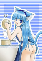 :d animal_ears apron ass backboob bangs blue_background blue_eyes blue_hair blunt_bangs breasts female hairband long_hair looking_at_viewer looking_back naked_apron nipple_slip nipples open_mouth rice rice_cooker sideboob simple_background solo tail