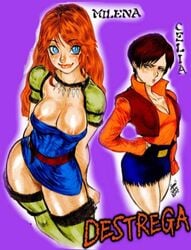 2girls blue_eyes breasts brown_hair celia_(destrega) covering_nipples destrega female milena_(destrega) orange_hair short_hair thighs