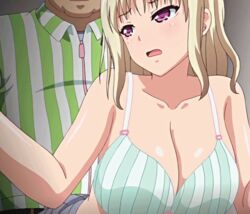 1boy animated blonde_hair blush bouncing_breasts bra breasts cleavage female jk_to_ero_konbini_tenchou poro purple_eyes sex stitched striped_bra tagme