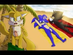 absurd_res anthro ass balls beach bluechika blush canine clothing erection eyewear flaccid fox group hedgehog hi_res male male_only mammal nude penis seaside shadow_the_hedgehog smile sonic_(series) sonic_the_hedgehog sunglasses tails undressing