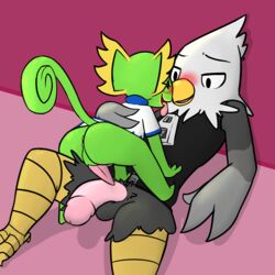 2boys animal_crossing anthro apollo_(animal_crossing) ass avian beak bird black_eyes blush bottomless claws closed_eyes clothed clothing crossover duo eagle erection feathers feet flaccid gay green_skin interspecies kecleon male male_only neko3240 nintendo nude open_mouth penis pokemon reptile scalie shirt simple_background smile tail tongue tongue_out video_games