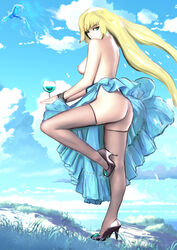 1girls aether_foundation ambiguous_gender aruuin ass avian bird blonde_hair breasts clouds dress earrings erect_nipples female grass green_eyes high_heels human long_hair looking_at_viewer lusamine_(pokemon) nail_polish nipples no_panties outdoors pokemon pokemon_sm side_view sideboob sky solo standing tail thighhighs wine_glass wings