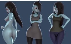 3girls adventure_time ass bare_legs bare_shoulders big_ass black_hair blue_background breasts crossed_arms dress female female_only fingers grey_skin hair_over_one_eye hand_on_hip hands hips legs lipstick long_hair looking_at_viewer looking_away looking_back marceline multiple_girls nipples pants pink_lipstick pointy_ears red_eyes small_breasts standing uwotinfokm8 vampire