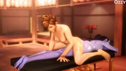 2girls 3d animated areolae ass barefoot big_feet breasts brown_hair bubble_butt dat_ass feet female female_only jiggle long_hair massage nipples no_sound nude oil overwatch ozzysfm ponytail purple_skin short_hair small_breasts source_filmmaker tied_hair toes tracer video widowmaker yuri