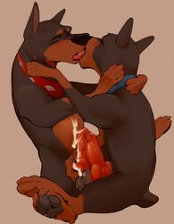 2boys animal_genitalia animal_penis balls black_fur black_nose brown_fur canine canine_penis closed_eyes collar cum cum_on_penis cum_on_stomach desoto_(disney) disney doberman erection feral french_kissing frottage fur gay highres hug kissing knot male male_only mammal masak9 multicolored_fur nude oliver_and_company pawpads penis pink_background pointy_ears precum roscoe_(disney) saliva sex simple_background sweat testicles two_tone_fur yaoi