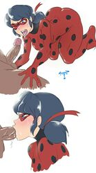 1boy 1girls amondetauro ass bangs blowjob blue_eyes blue_hair blush bodysuit dark-skinned_male fellatio hair_ribbon interracial ladybug_(character) marinette_cheng marinette_dupain-cheng mask miraculous_ladybug one_eye_closed oral oral_sex penis saliva saliva_string straight sucking superheroine thick_thighs unseen_male_face white_background