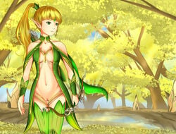 archer_(dragon_nest) breasts dragon_nest dress elf female forest gold_hair green_eyes liya_(dragon_nest) nature outdoors plant pussy sky solo