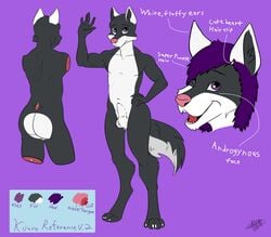 1boy 2016 animal_genitalia anthro armpits ass balls black_fur canine cute english_text fluffy fluffy_tail fur hair hairclip hand_on_hip hi_res kijuro looking_at_viewer male male_only mammal mitchi model_sheet multicolored_fur nude open_mouth pink_nose purple_eyes sheath simple_background smile solo standing teeth text tongue waving white_ears white_fur wolf