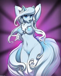 1girls 2016 absurd_res alolan_form alolan_ninetales anthro areolae armpits arms_up blue_eyes blue_fur blue_hair blue_nipples blush breasts canine eyelashes female fox front_view furry hair hi_res inner_ear_fluff inverted_nipples kyma long_hair looking_at_viewer mammal multi_tail navel ninetales nintendo nipples nude pokemon pokemon_sm purple_background pussy pussy_juice solo standing tail text video_games