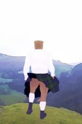 9x9 anthro ass backsack balls clothed clothing crossdressing feline flaccid furry furry_only kilt landscape male male_focus male_only mammal muscular no_humans no_underwear penis scottish_fold solo standing