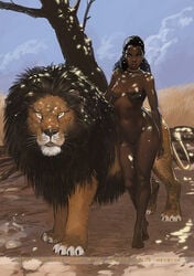 1girls black_female breasts dark-skinned_female dark_skin female feral frans_mensink lion nature nude shaved_pussy very_dark_skin