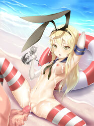 1boy anchor_hair_ornament astdevir beach blonde_hair breasts cum cum_on_body cum_on_lower_body cum_on_upper_body elbow_gloves female gloves hair_ornament hairband highres kantai_collection lifebuoy long_hair nipples outdoors pussy sailor_collar shimakaze_(kantai_collection) solo_focus spread_legs straight striped striped_legwear thighhighs uncensored water